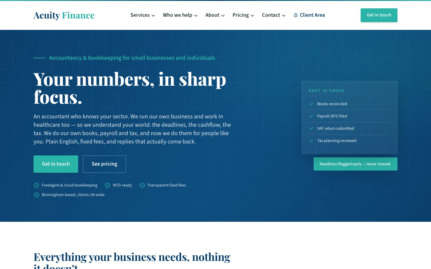 Acuity Finance homepage: 'Your numbers, in sharp focus.' with a 'Kept in order' checklist panel.