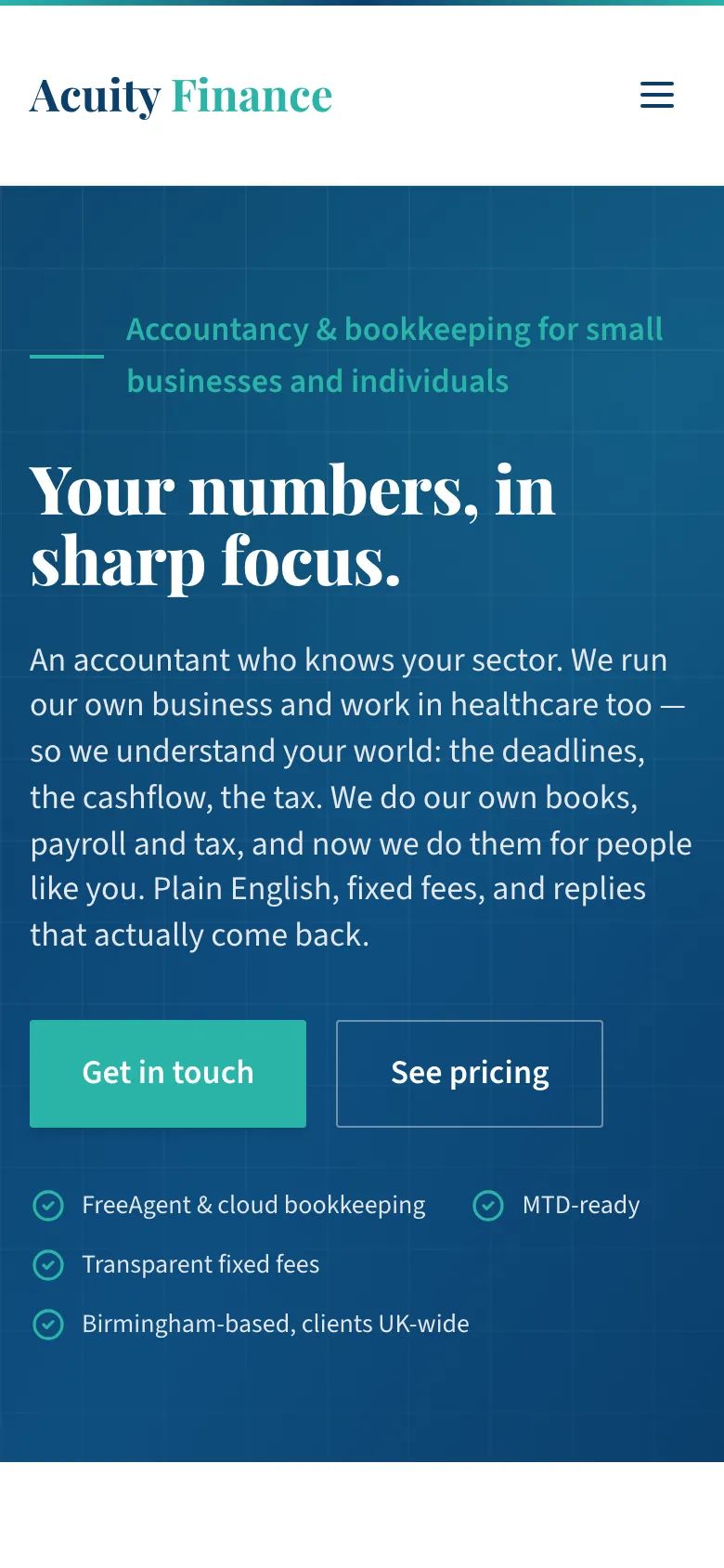 Acuity Finance homepage on a phone.