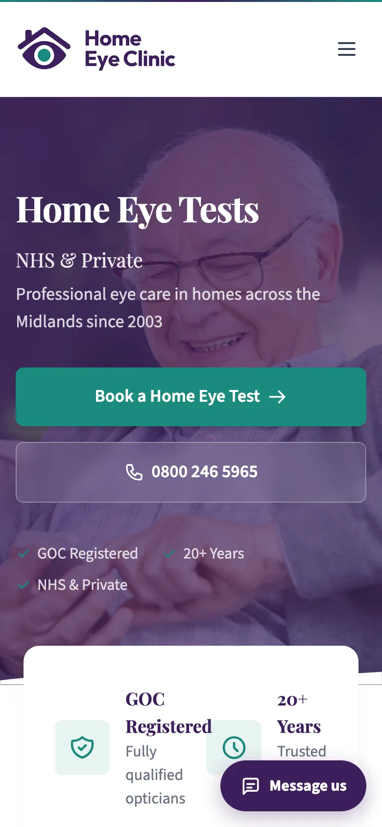 Home Eye Clinic homepage on a phone.