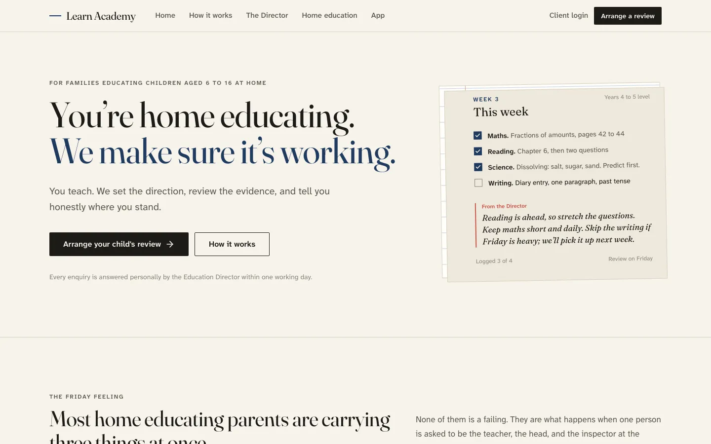 Learn Academy homepage: 'You're home educating. We make sure it's working.' beside a drawn weekly plan page with a note from the Director.