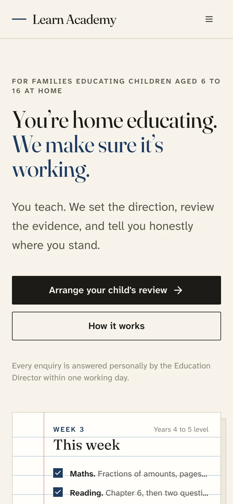 Learn Academy homepage on a phone.
