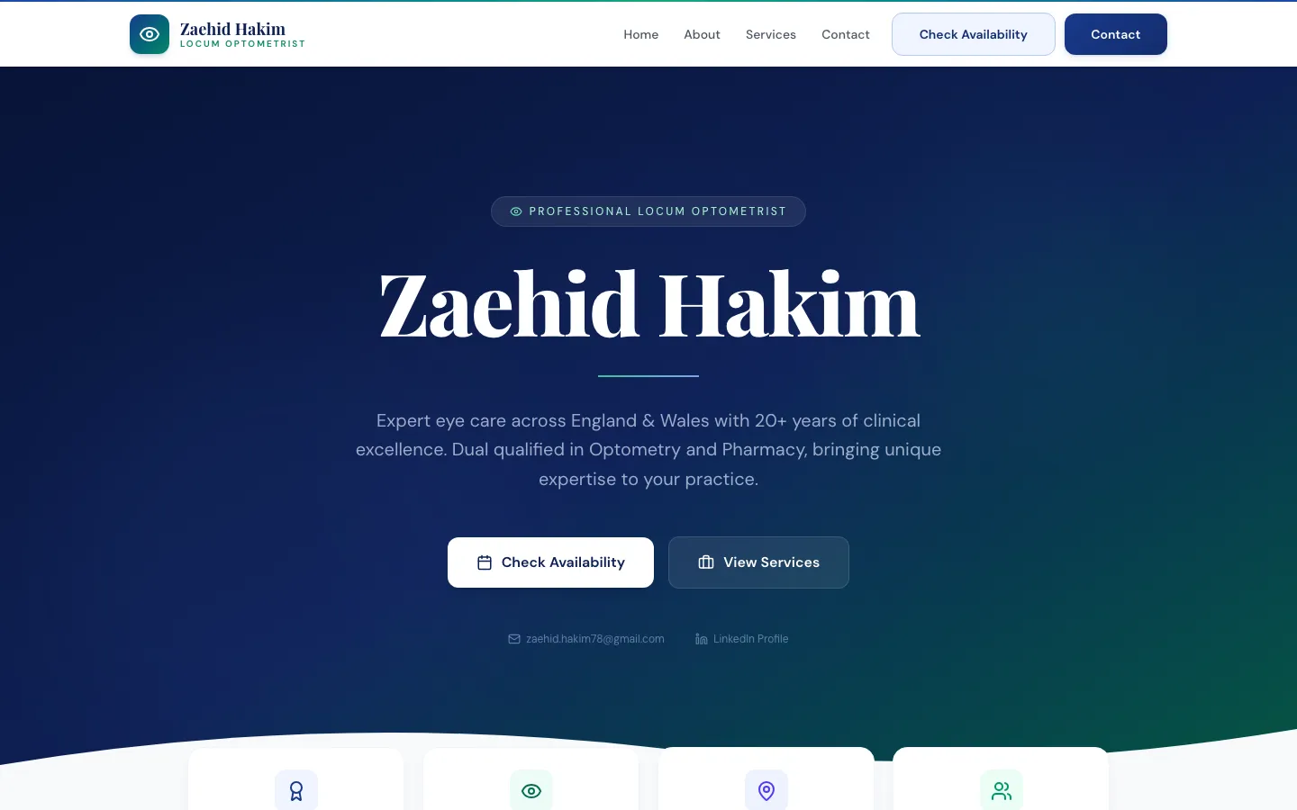 Locum Optom homepage: 'Zaehid Hakim', expert eye care across England and Wales, with Check Availability and View Services buttons.
